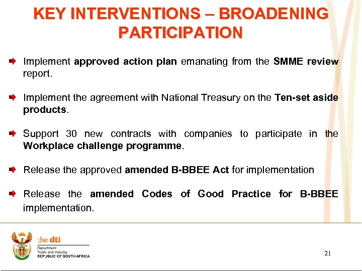 KEY INTERVENTIONS – BROADENING PARTICIPATION Implement approved action plan emanating from the SMME review