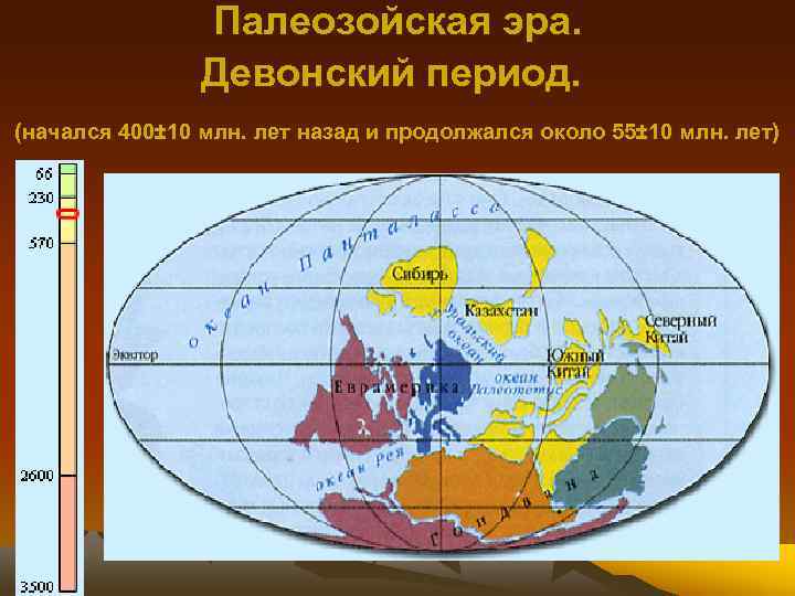 Палеозойская эра. Девонский период. (начался 400± 10 млн. лет назад и продолжался около 55±