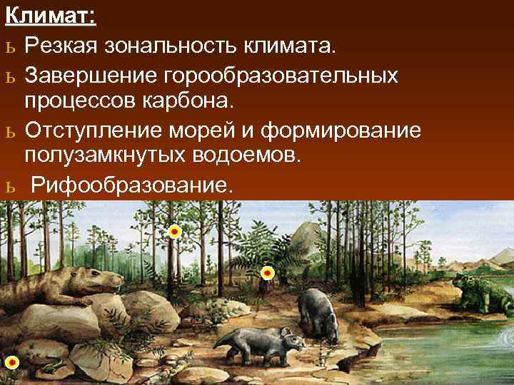 Климат: ь Резкая зональность климата. ь Завершение горообразовательных процессов карбона. ь Отступление морей и