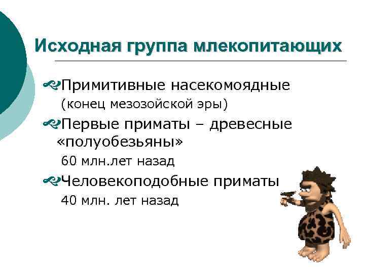 Исходная группа млекопитающих Примитивные насекомоядные (конец мезозойской эры) Первые приматы – древесные «полуобезьяны» 60