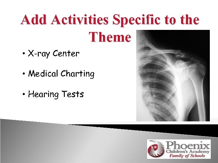 Add Activities Specific to the Theme • X-ray Center • Medical Charting • Hearing