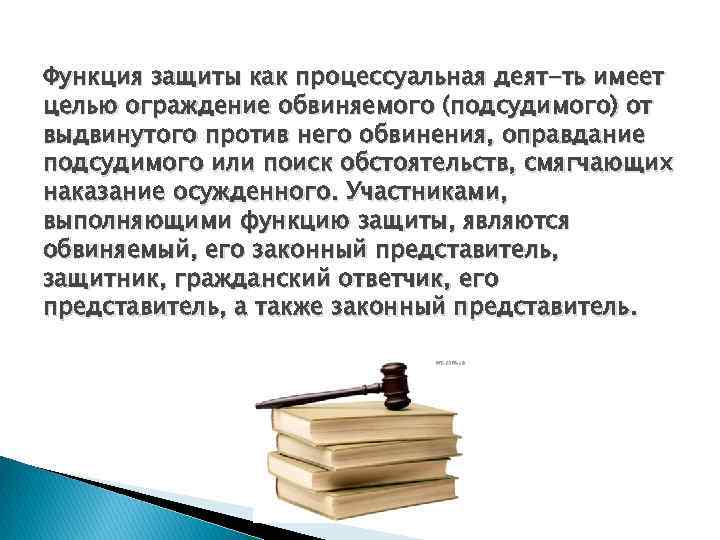 Функция защиты как процессуальная деят-ть имеет целью ограждение обвиняемого (подсудимого) от выдвинутого против него