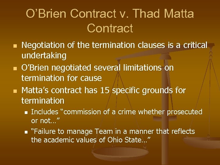 O’Brien Contract v. Thad Matta Contract n n n Negotiation of the termination clauses