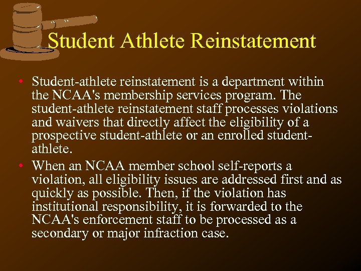 Student Athlete Reinstatement • Student-athlete reinstatement is a department within the NCAA's membership services