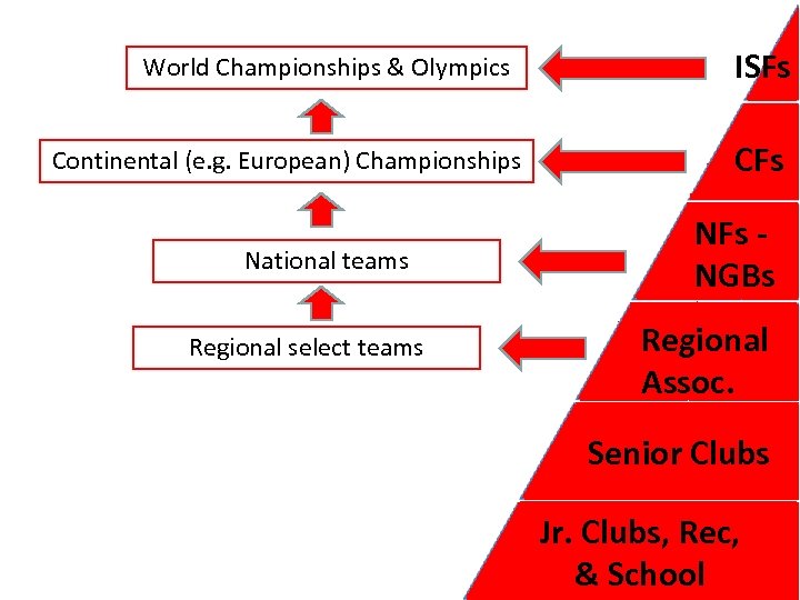 World Championships & Olympics Continental (e. g. European) Championships National teams Regional select teams