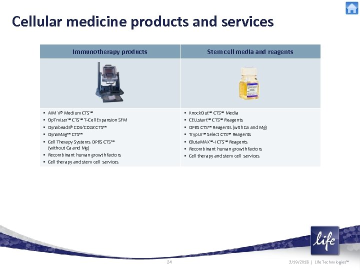 Cellular medicine products and services Immunotherapy products Stem cell media and reagents • •