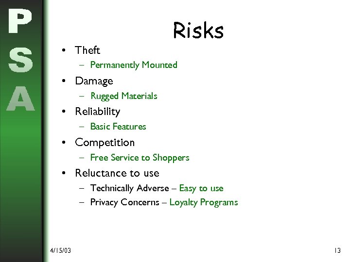  • Theft Risks – Permanently Mounted • Damage – Rugged Materials • Reliability