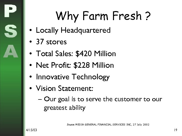 Why Farm Fresh ? • • • Locally Headquartered 37 stores Total Sales: $420