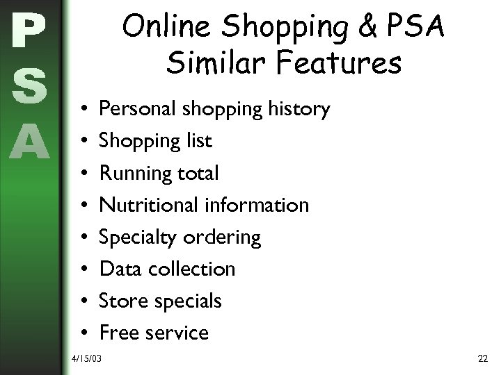 Online Shopping & PSA Similar Features • • Personal shopping history Shopping list Running