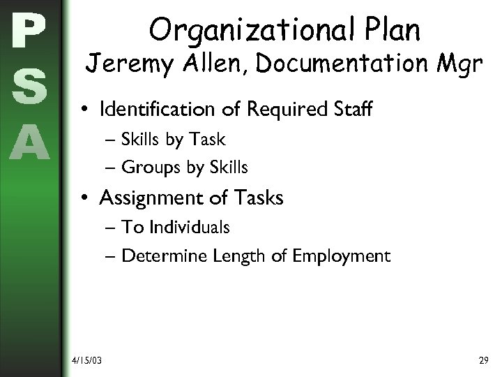 Organizational Plan Jeremy Allen, Documentation Mgr • Identification of Required Staff – Skills by