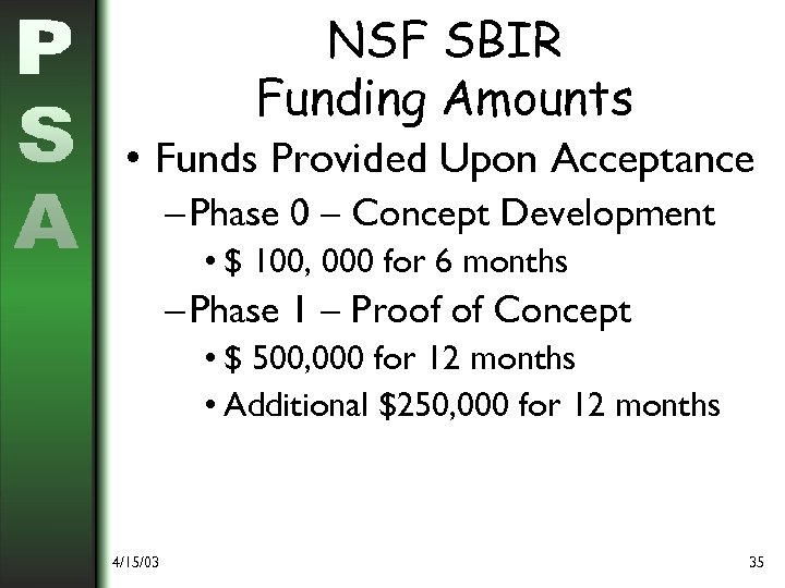 NSF SBIR Funding Amounts • Funds Provided Upon Acceptance – Phase 0 – Concept
