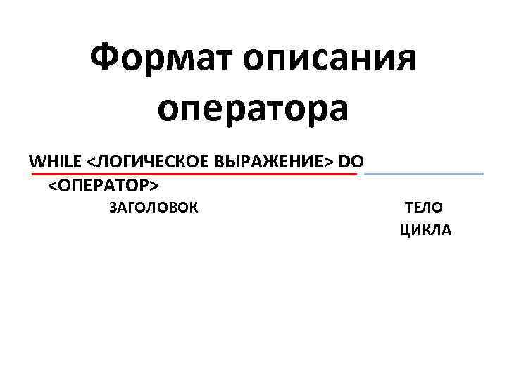 Формат описания оператора WHILE <ЛОГИЧЕСКОЕ ВЫРАЖЕНИЕ> DO <ОПЕРАТОР> ЗАГОЛОВОК ТЕЛО ЦИКЛА 