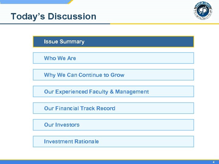 Today’s Discussion Issue Summary Who We Are Why We Can Continue to Grow Our