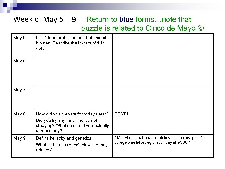Week of May 5 – 9 May 5 Return to blue forms…note that puzzle