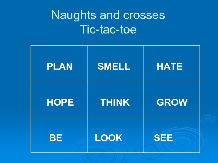 Naughts and crosses Tic-tac-toe PLAN SMELL HATE HOPE THINK GROW BE LOOK SEE 