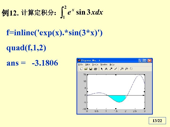 例12. 计算定积分: f=inline('exp(x). *sin(3*x)') quad(f, 1, 2) ans = -3. 1806 13/22 