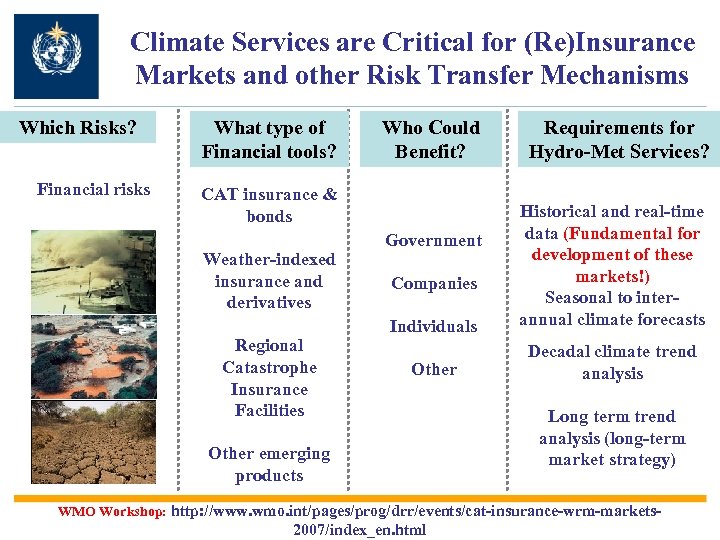 Climate Services are Critical for (Re)Insurance Markets and other Risk Transfer Mechanisms Which Risks?