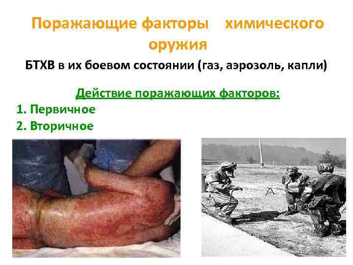 Поражающие факторы химического оружия БТХВ в их боевом состоянии (газ, аэрозоль, капли) Действие поражающих