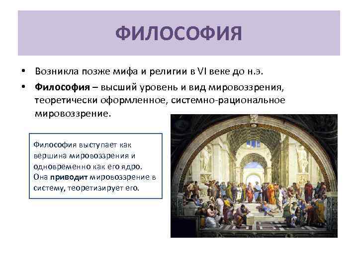 ФИЛОСОФИЯ • Возникла позже мифа и религии в VI веке до н. э. •