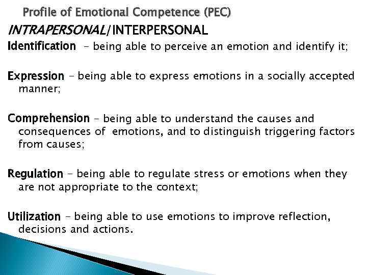 Profile of Emotional Competence (PEC) INTRAPERSONAL/INTERPERSONAL Identification - being able to perceive an emotion