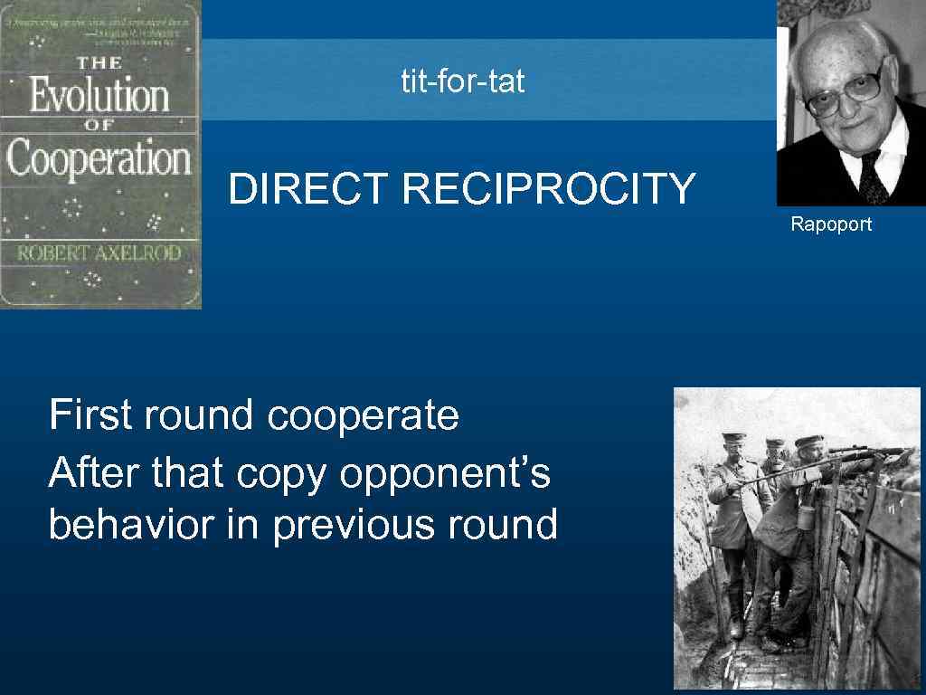 tit-for-tat DIRECT RECIPROCITY Rapoport First round cooperate After that copy opponent’s behavior in previous