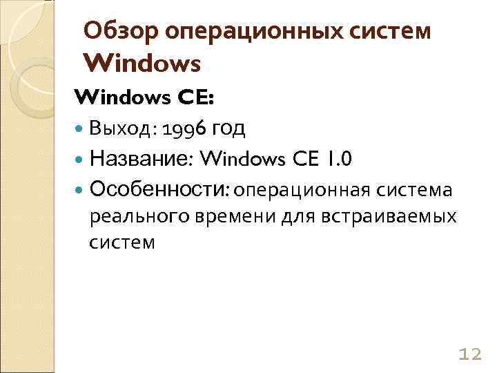 Обзор операционных систем Windows CE: Выход: 1996 год Название: Windows CE 1. 0 Особенности: