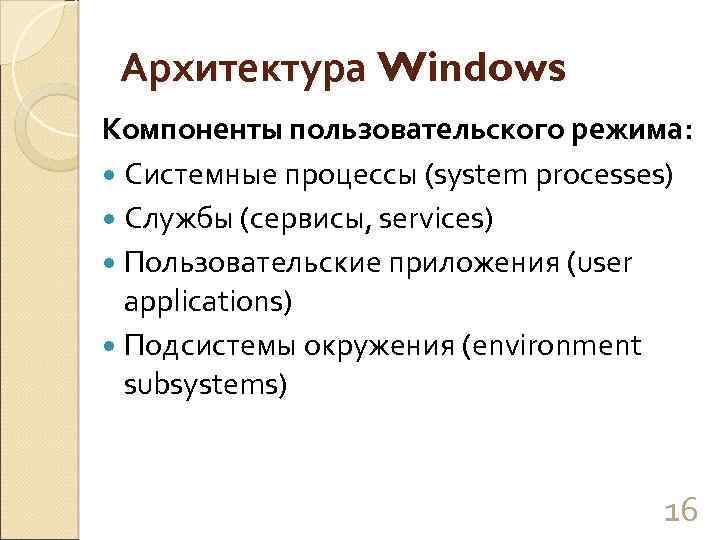 Архитектура Windows Компоненты пользовательского режима: Системные процессы (system processes) Службы (сервисы, services) Пользовательские приложения