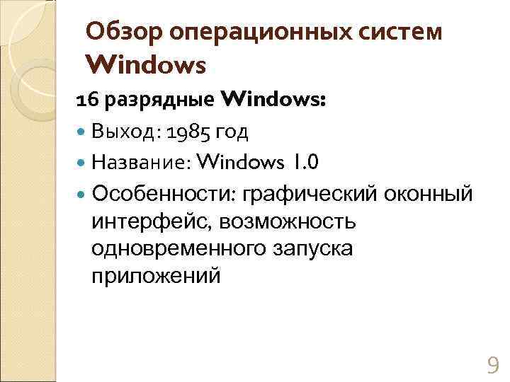 Обзор операционных систем Windows 16 разрядные Windows: Выход: 1985 год Название: Windows 1. 0