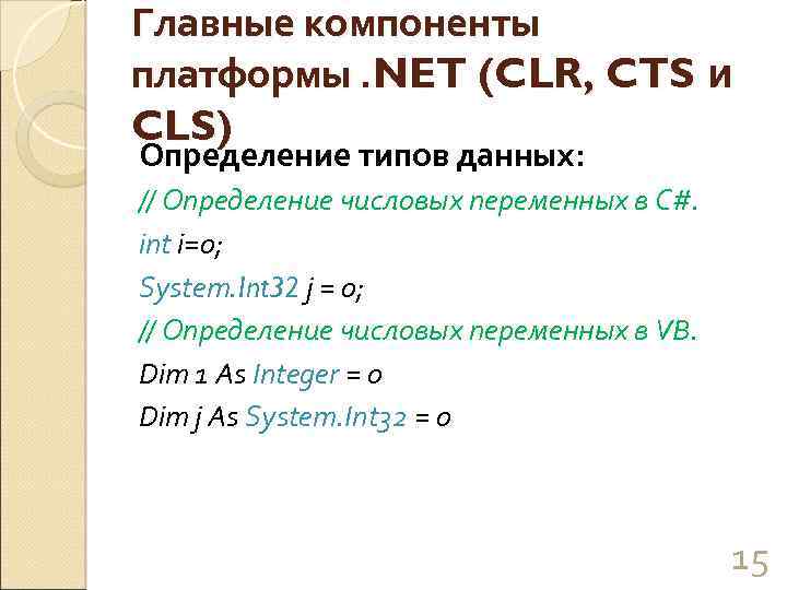 Главные компоненты платформы. NET (CLR, CTS и CLS) Определение типов данных: // Определение числовых