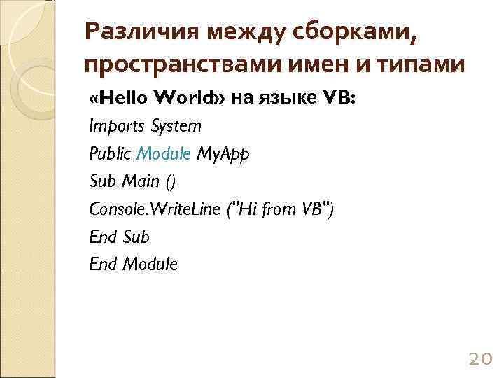 Различия между сборками, пространствами имен и типами «Hello World» на языке VB: Imports System