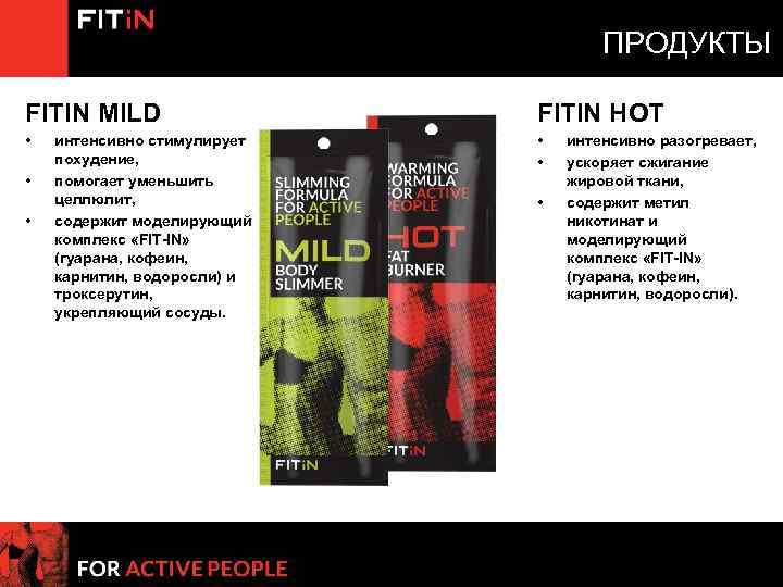 ПРОДУКТЫ FITIN MILD FITIN HOT • • • интенсивно стимулирует похудение, помогает уменьшить целлюлит,