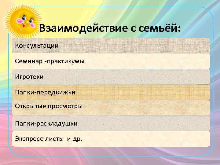 Взаимодействие с семьёй: Консультации Семинар -практикумы Игротеки Папки-передвижки Открытые просмотры Папки-раскладушки Экспресс-листы и др.