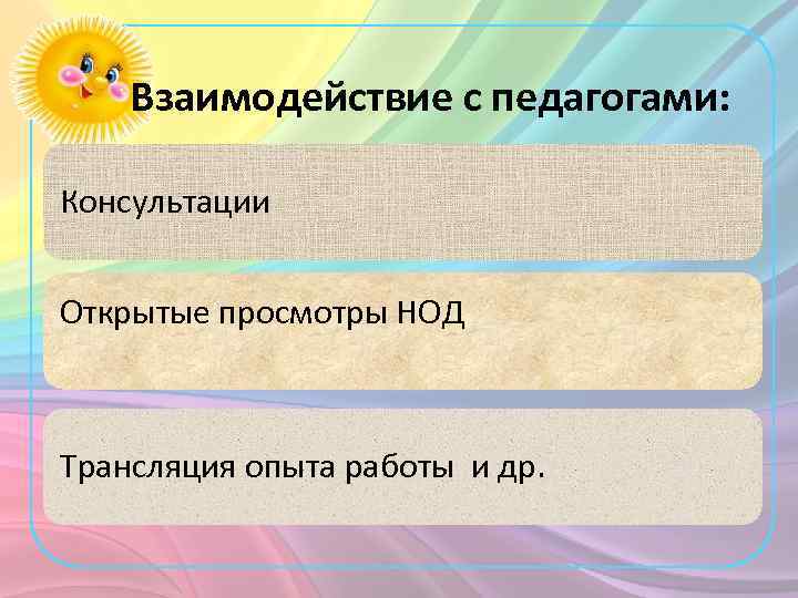 Взаимодействие с педагогами: Консультации Открытые просмотры НОД Трансляция опыта работы и др. 