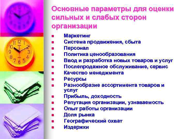 Основные параметры для оценки сильных и слабых сторон организации n n n n Маркетинг