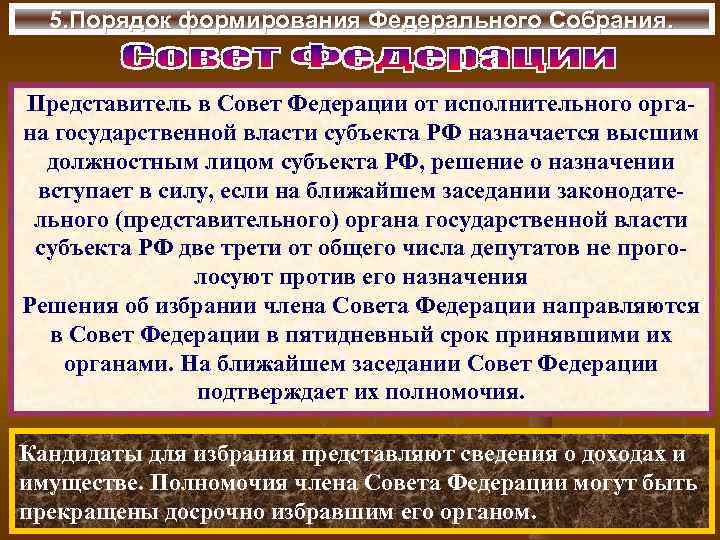 5. Порядок формирования Федерального Собрания. Представитель в Совет Федерации от исполнительного органа государственной власти