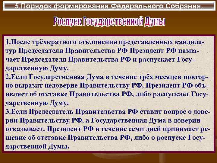 5. Порядок формирования Федерального Собрания. 1. После трёхкратного отклонения представленных кандидатур Председателя Правительства РФ