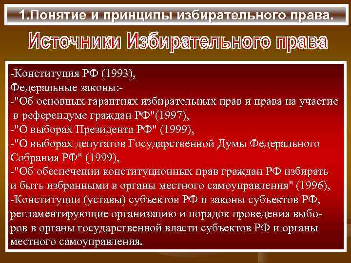 1. Понятие и принципы избирательного права. -Конституция РФ (1993), Федеральные законы: -"Об основных гарантиях