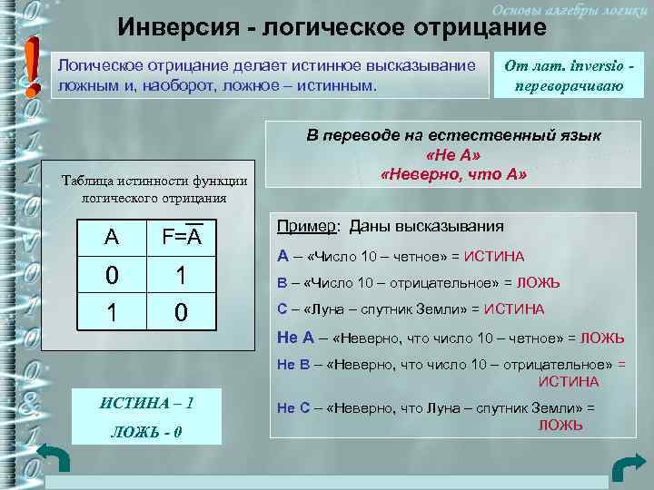 Истинное высказывание из информатики. Отрицание в логике примеры. Операция отрицания в логике примеры. Инверсия в математике примеры. Инверсия это логическое отрицание.