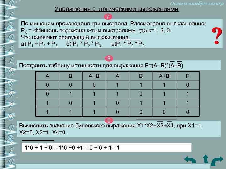 Упражнения c логическими выражениями 7 По мишеням произведено три выстрела. Рассмотрено высказывание: Pk =