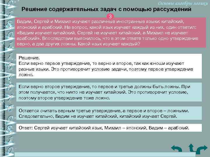 Решение содержательных задач с помощью рассуждений 3 Вадим, Сергей и Михаил изучают различные иностранные