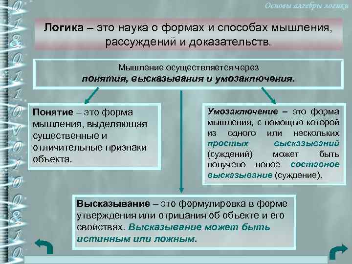 Логика – это наука о формах и способах мышления, рассуждений и доказательств. Мышление осуществляется