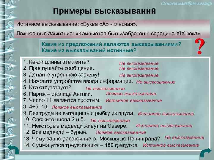 Примеры высказываний Истинное высказывание: «Буква «А» - гласная» . Ложное высказывание: «Компьютер был изобретен