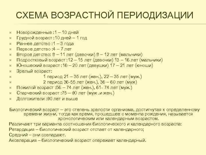 Современная схема возрастной периодизации акселерация и ретардация