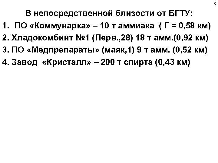 6 В непосредственной близости от БГТУ: 1. ПО «Коммунарка» – 10 т аммиака (