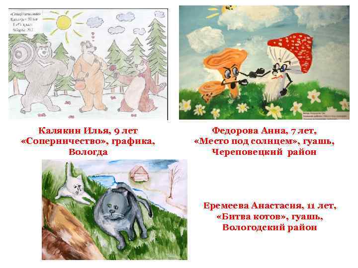 Калякин Илья, 9 лет «Соперничество» , графика, Вологда Федорова Анна, 7 лет, «Место под