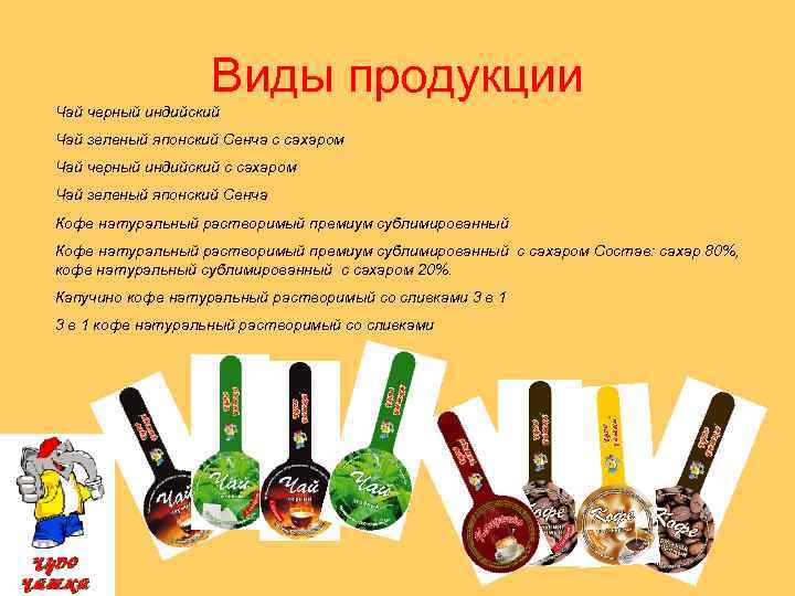 Виды продукции Чай черный индийский Чай зеленый японский Сенча с сахаром Чай черный индийский