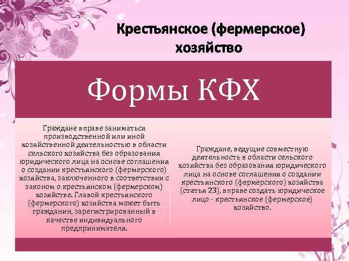 Крестьянское (фермерское) хозяйство Формы КФХ Граждане вправе заниматься производственной или иной хозяйственной деятельностью в