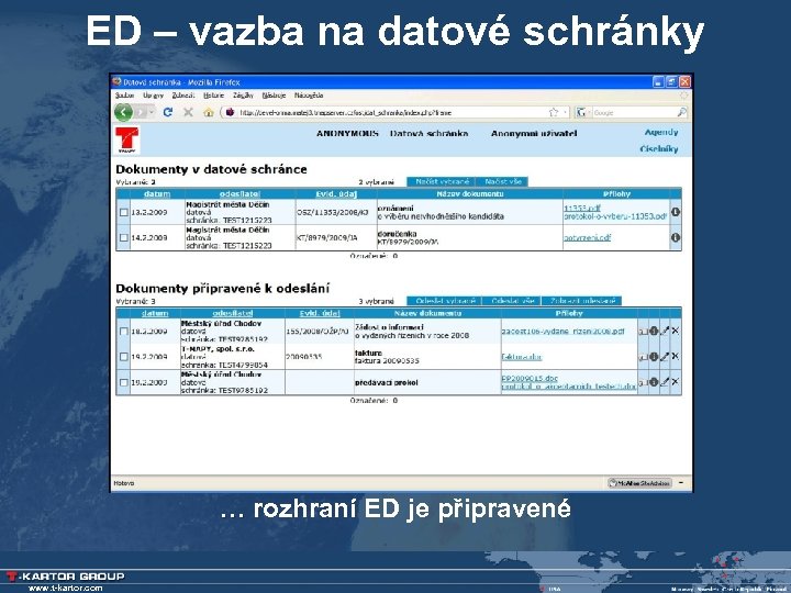 ED – vazba na datové schránky … rozhraní ED je připravené www. t-kartor. com