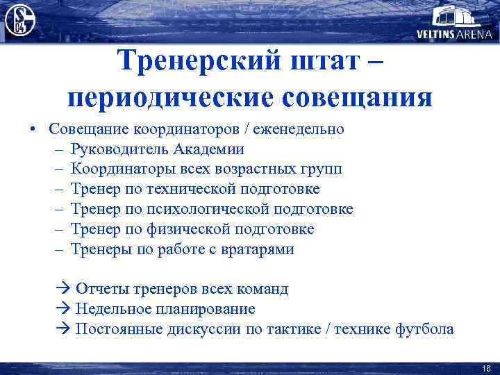 Тренерский штат – периодические совещания • Совещание координаторов / еженедельно – Руководитель Академии –