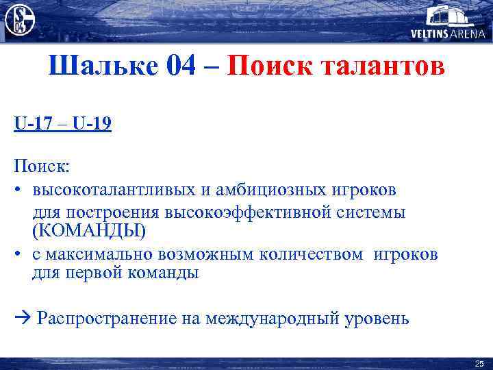 Шальке 04 – Поиск талантов U-17 – U-19 Поиск: • высокоталантливых и амбициозных игроков